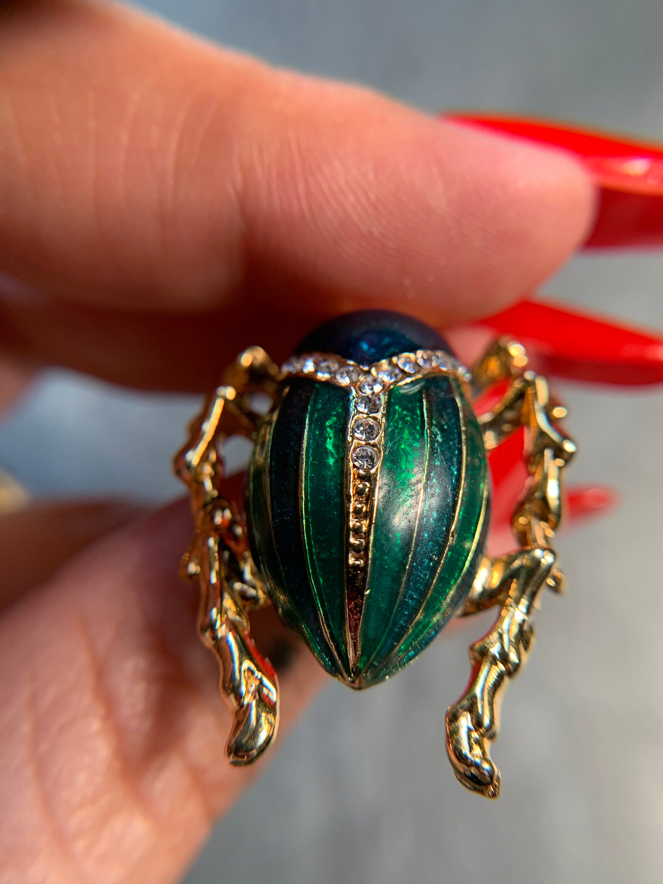 Antique Gold Scarab Beetle Brooch Pin - Crystal & Mother Of Pearl Shell, Vintage Style