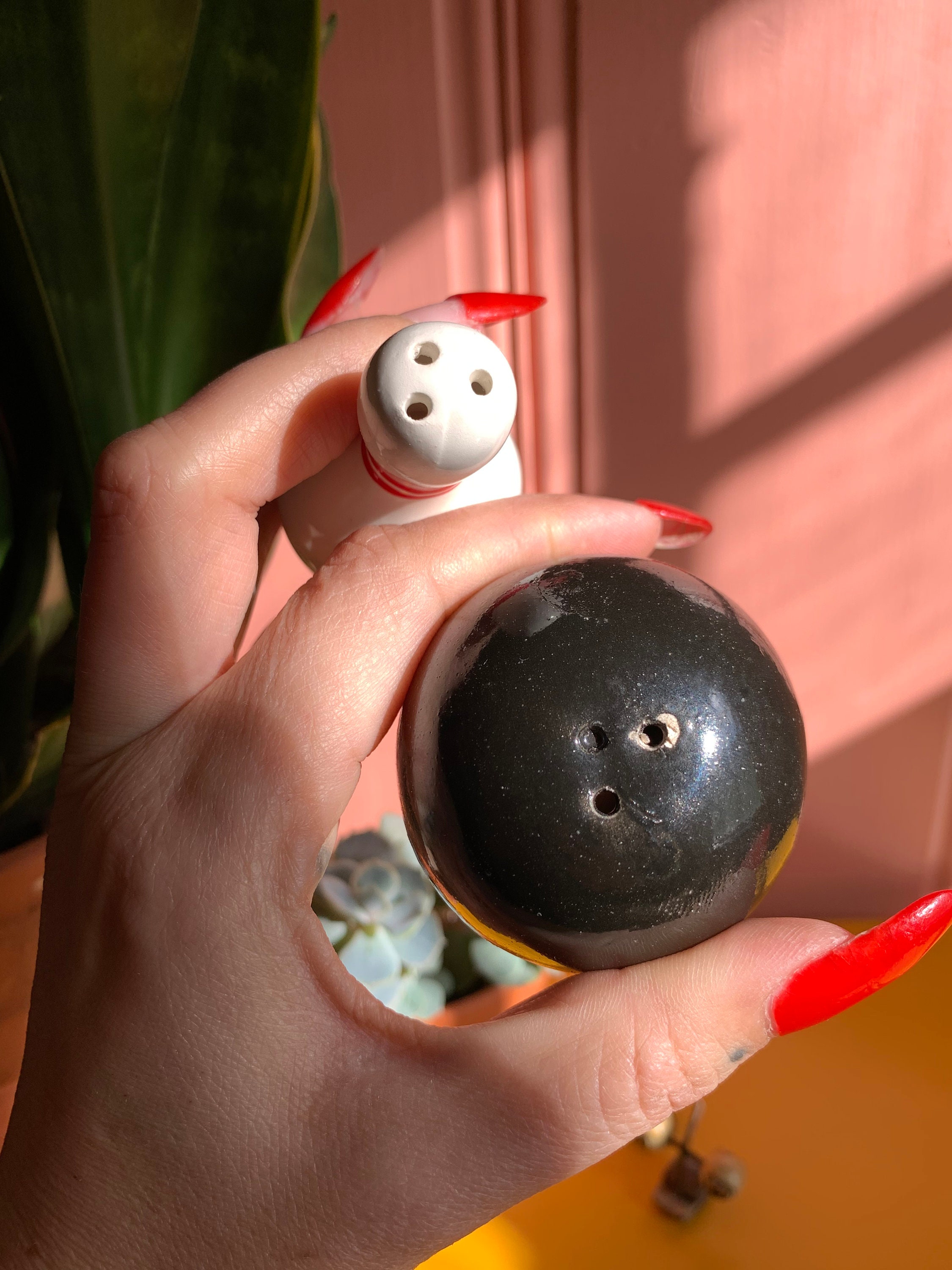 Vintage Ceramic Bowling Ball & Pin Salt and Pepper Shakers