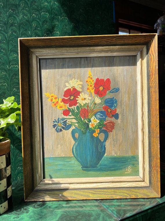 Original Vintage Swedish Oil Painting: Flowers In Vase Still Life
