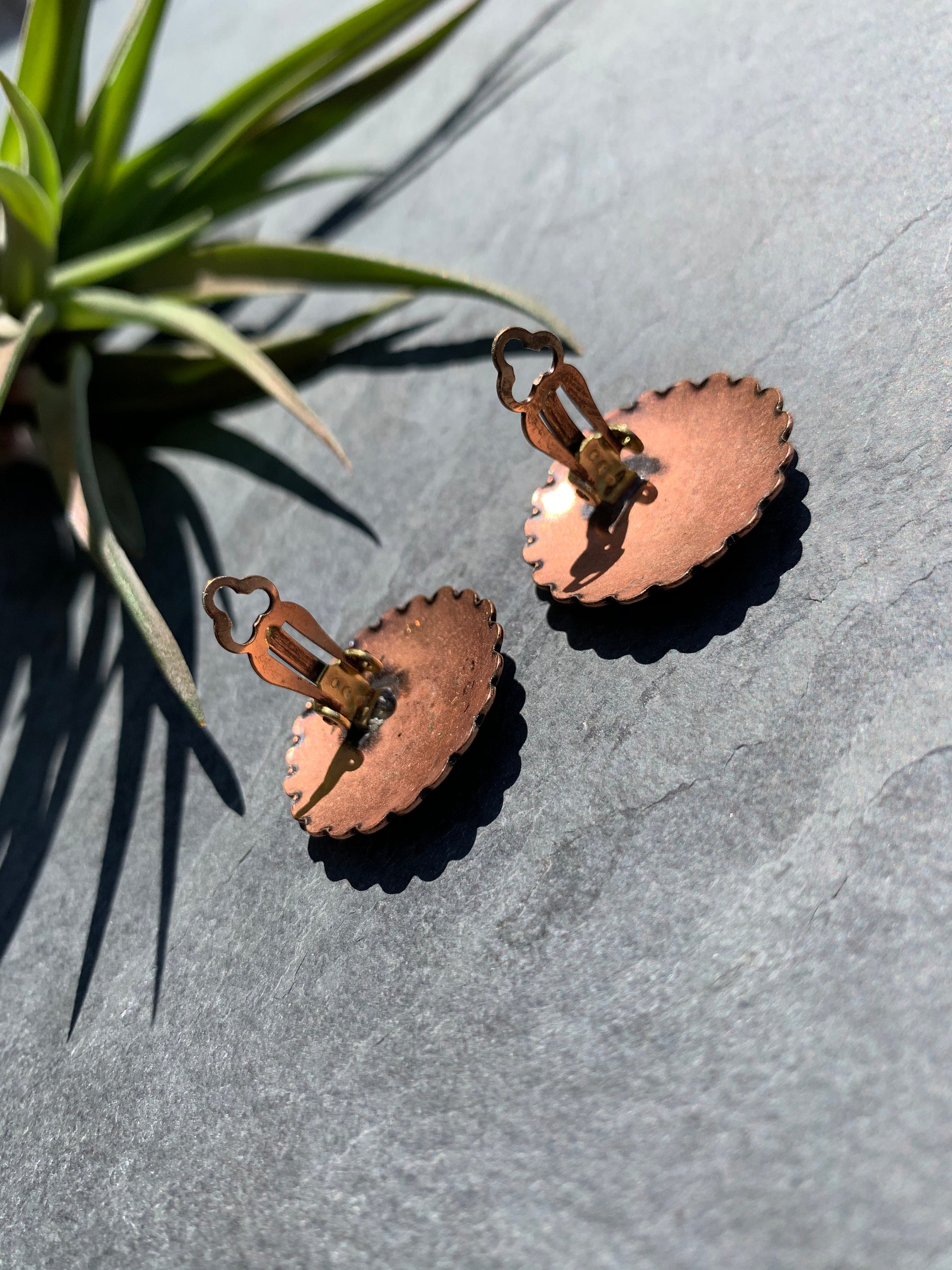 Vintage Copper Clip On Earrings With Turquoise Accent