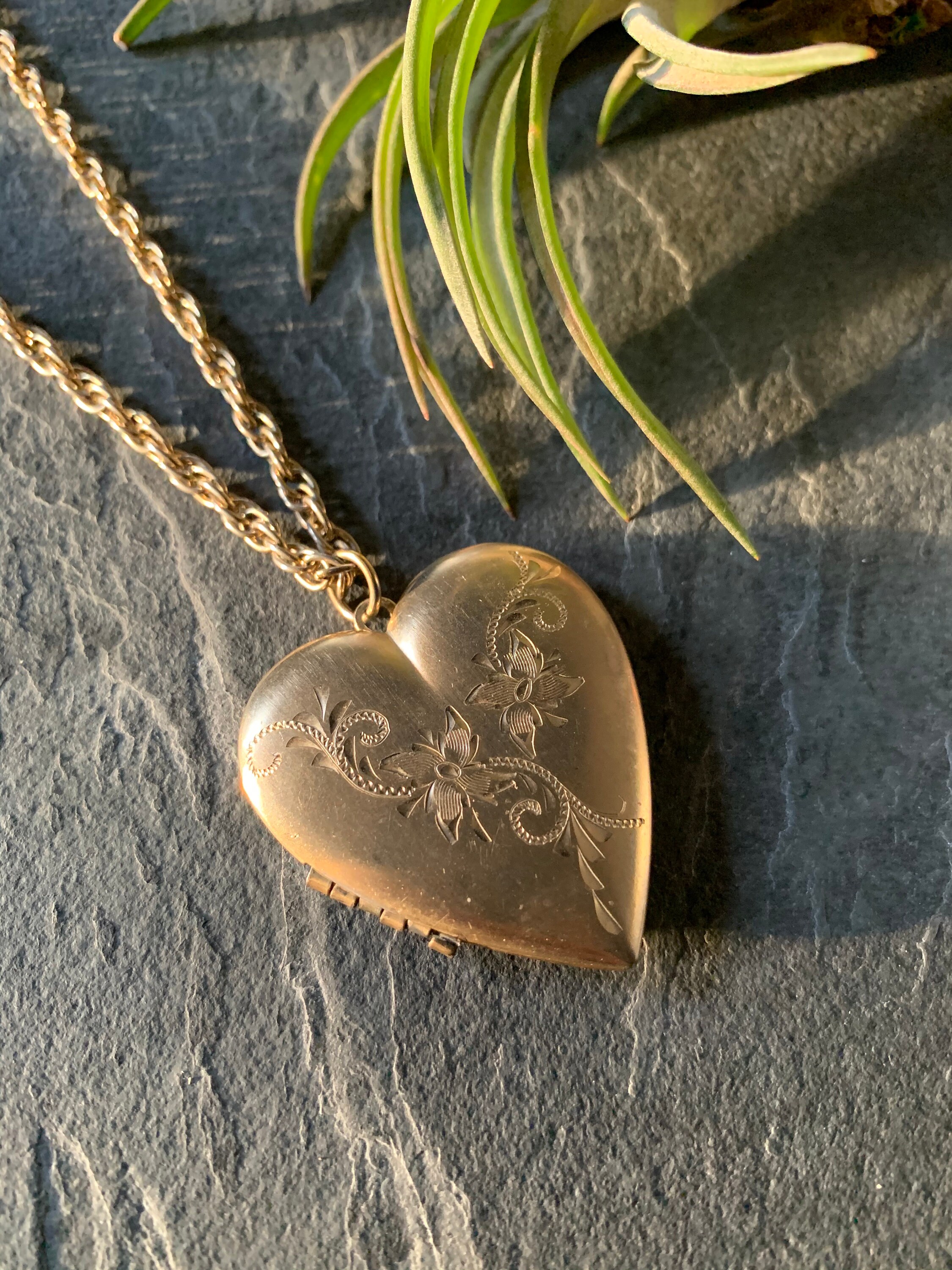 Vintage Oversized Heart Locket Necklace With Floral Engraving