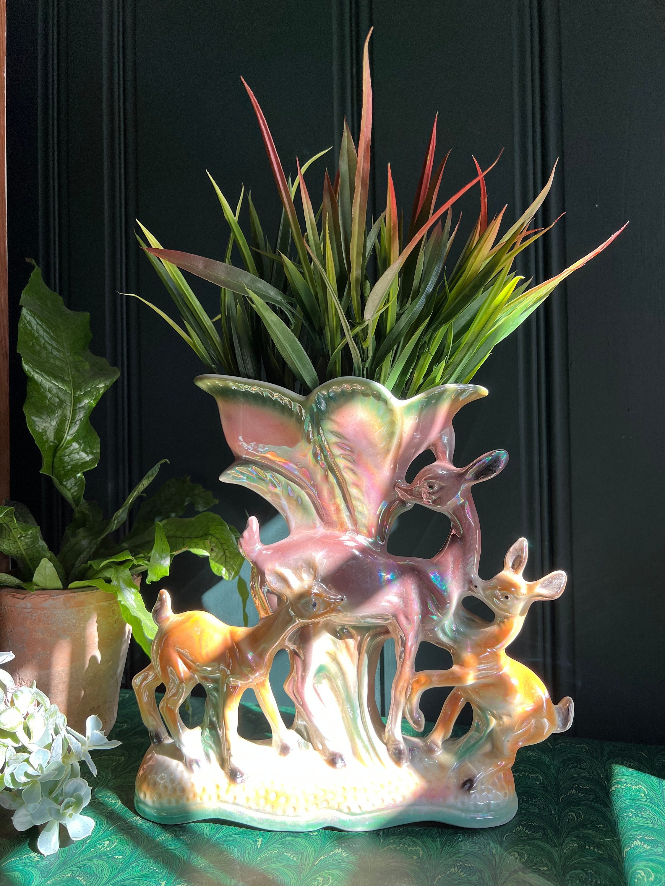 Large Mid Century Italian Lusterware Doe & Deer Vase