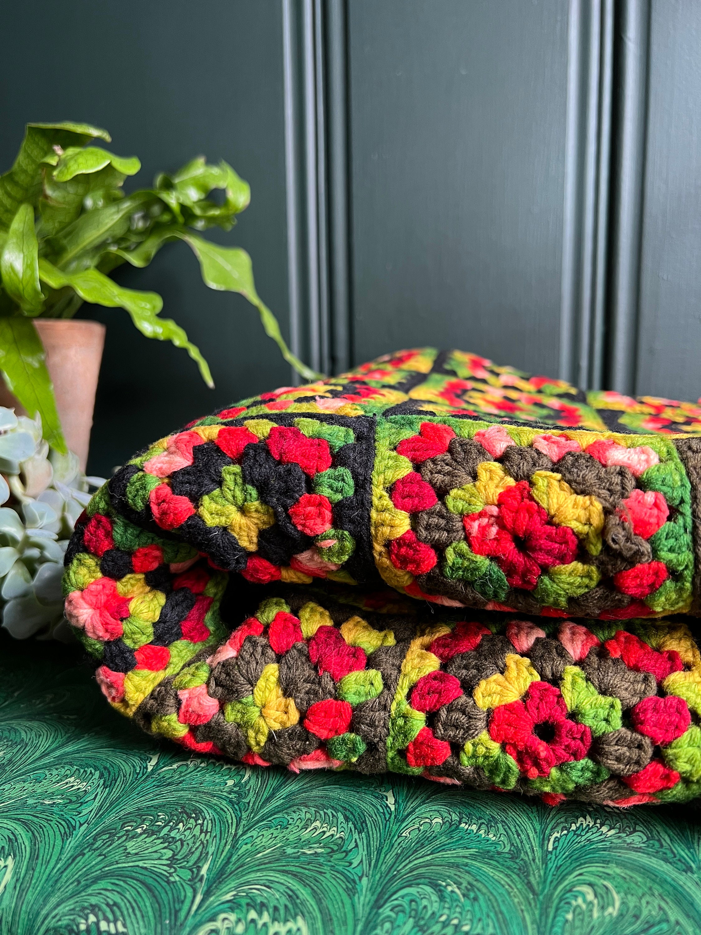 Vintage Crochet Granny Square Blanket In Black, Greens & Pinks