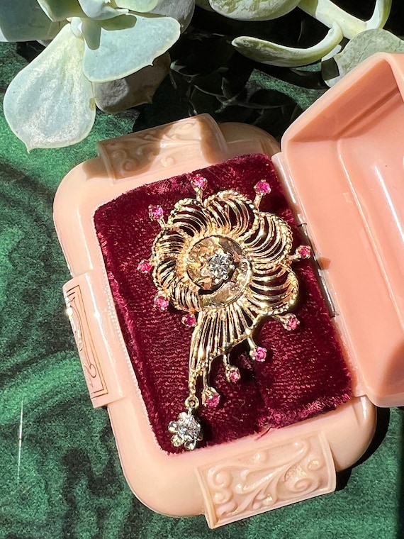 Vintage 14k Gold Ruby Diamond Question Mark Pendant Brooch