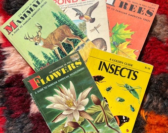 Collection Of Five 1950's Golden Nature Guide Books: Insects, Flowers, Mammals, Trees And Pond Life