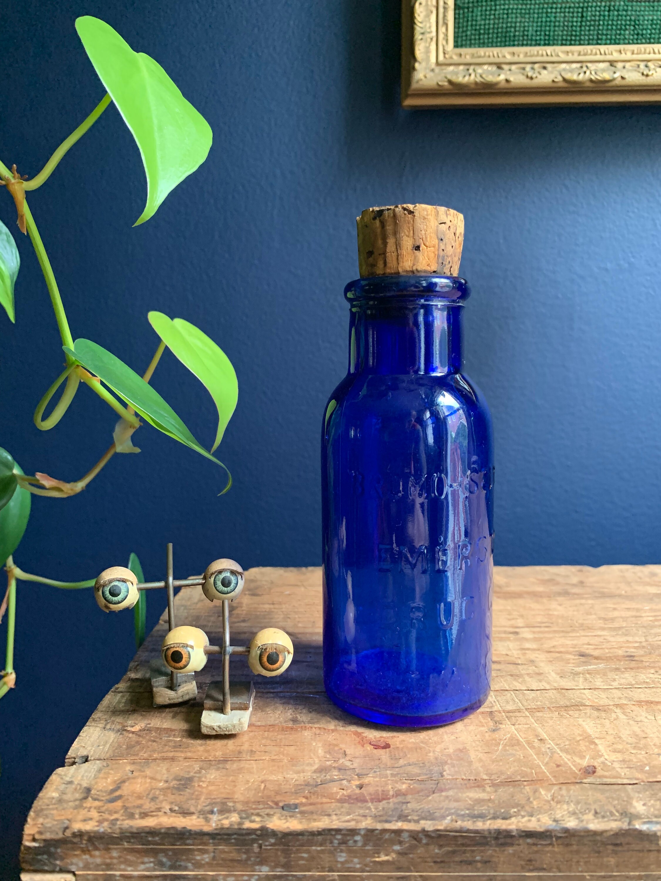 Blue Glass Bromo Seltzer Bottle With Original Cork
