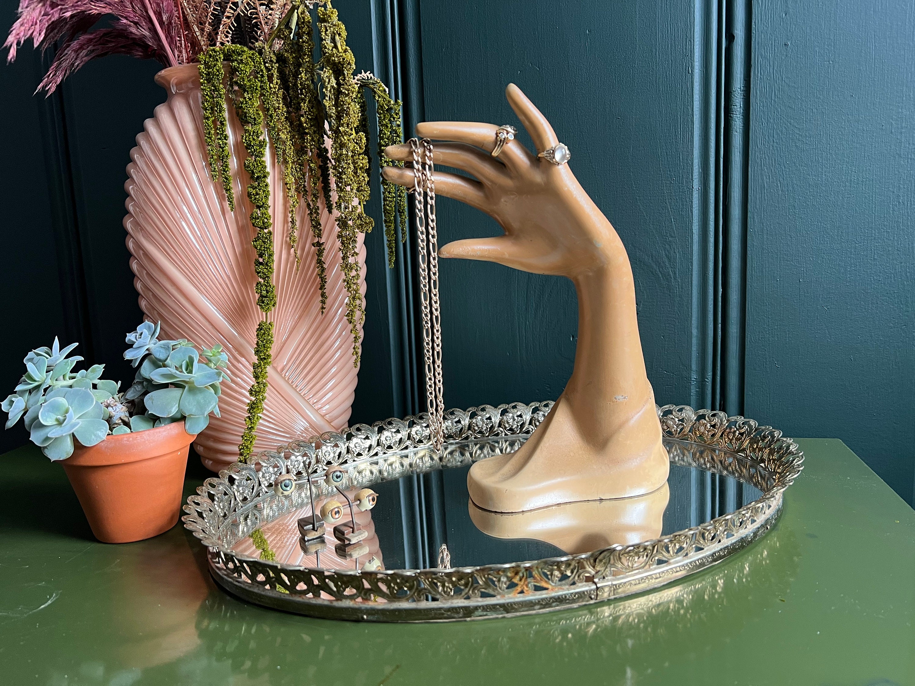 Large Mirrored Vanity Display Tray With Floral Filigree Frame