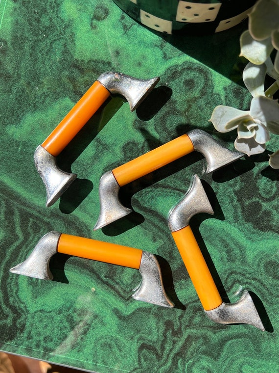 Set Of Four 1940's Butterscotch Bakelite Chromed Drawer Pulls