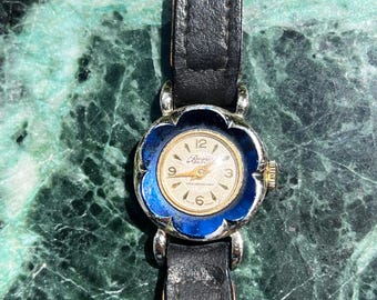 Vintage Blue Enamel Flower Face Wrist Watch By Sheffield
