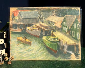 Original Vintage Boats And Fishing Town Landscape Pastel, by Ellen Viereck