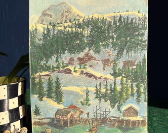 Original Vintage Mountain Lake Town Landscape Pastel, Signed Ellen Viereck And Dated 1954