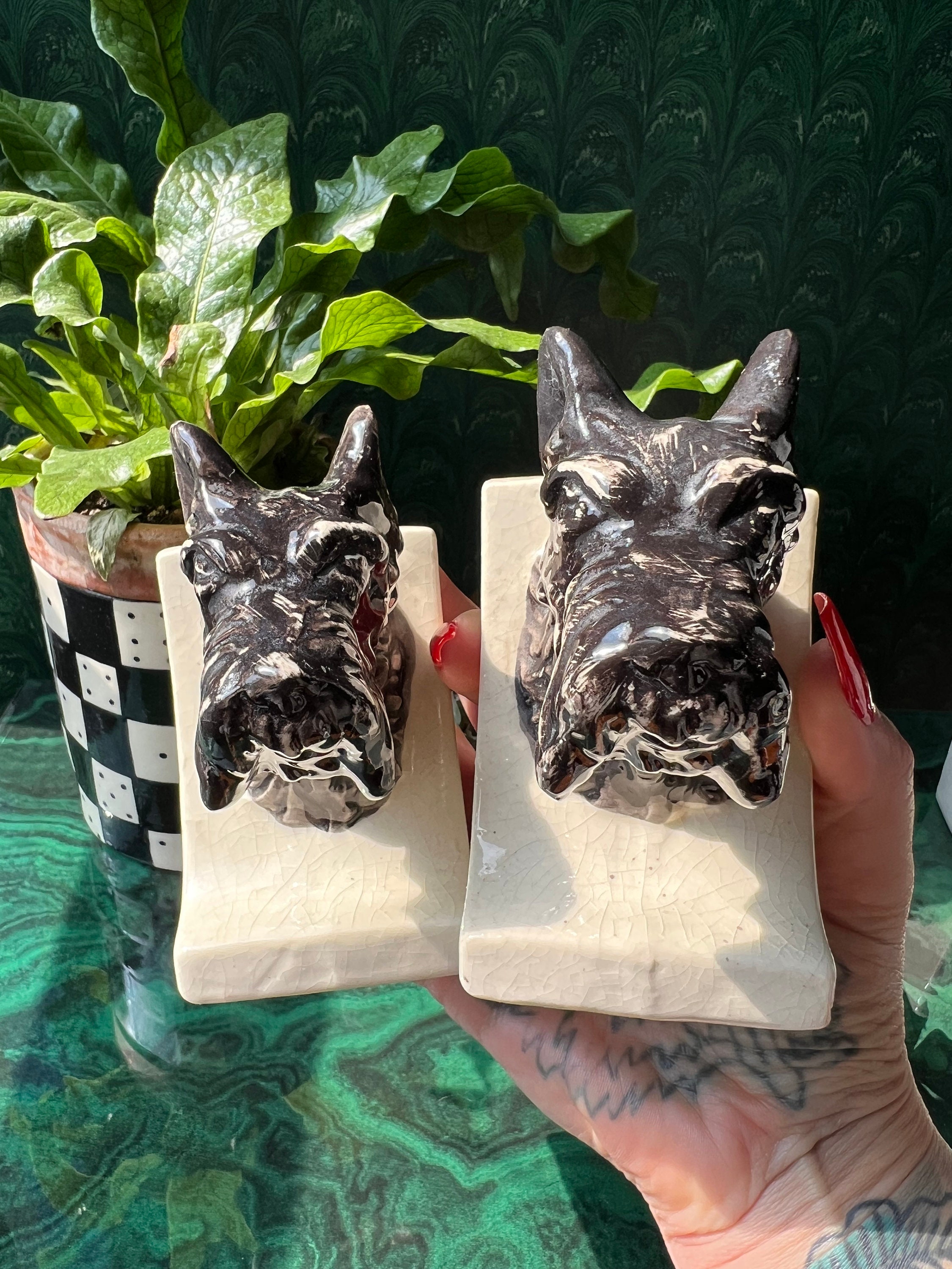Vintage Ceramic Scotty Dog Head Bookends, Japan