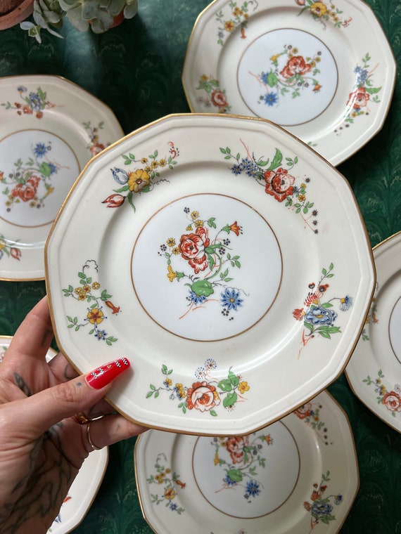 Antique French Floral Pattern Decagon Six Piece Plate Set by Limoges France