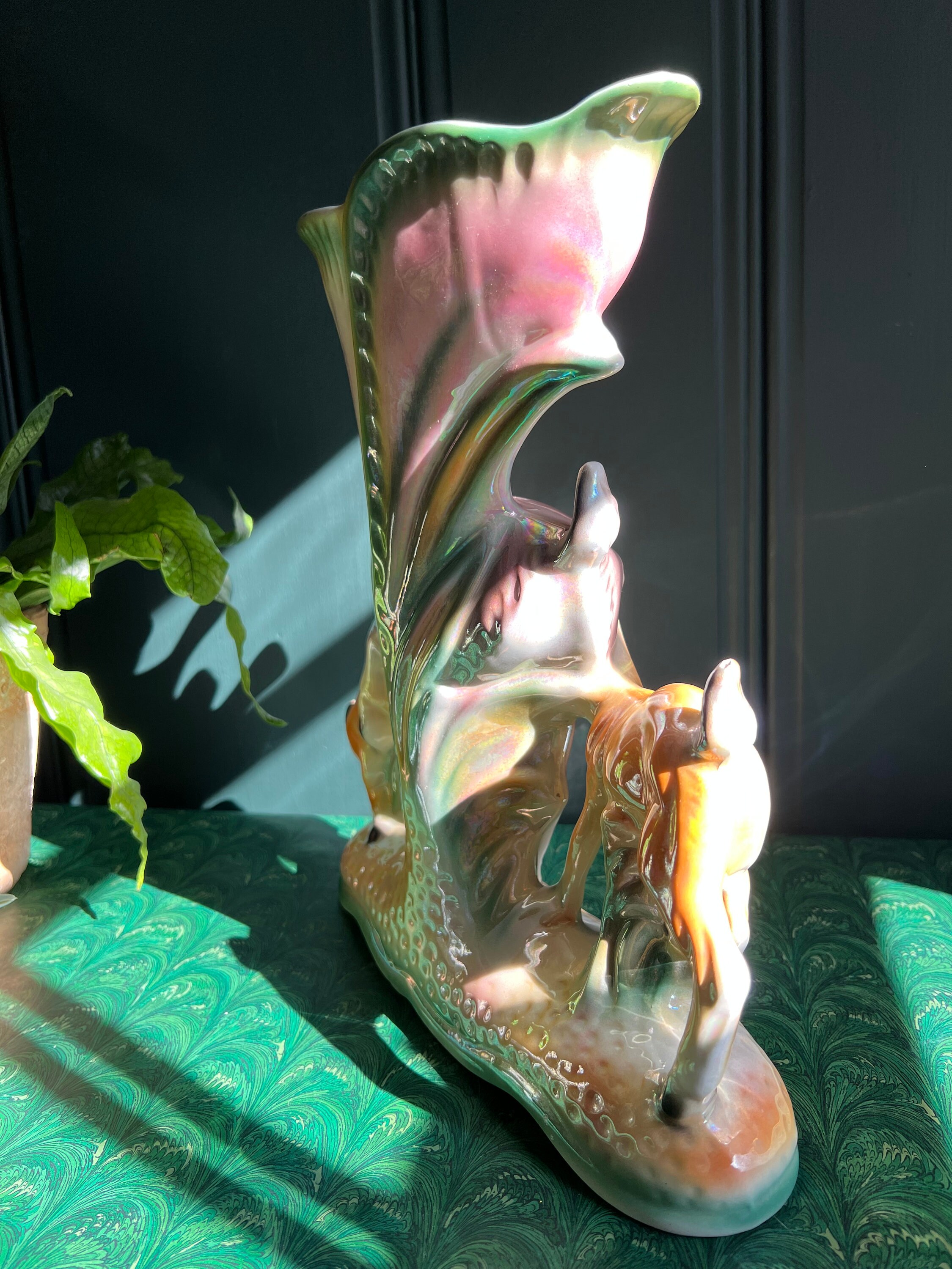 Large Mid Century Italian Lusterware Doe & Deer Vase