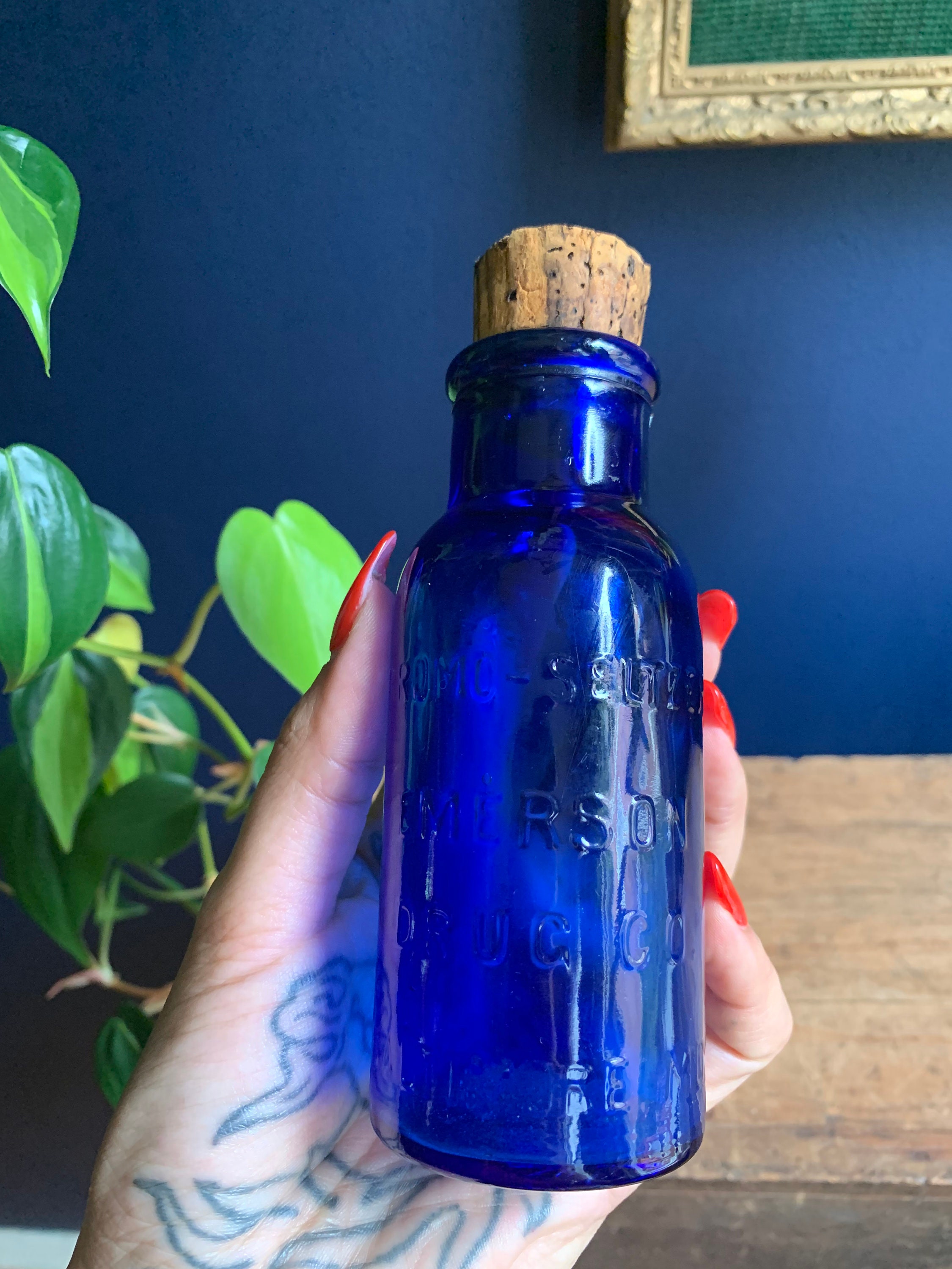 Blue Glass Bromo Seltzer Bottle With Original Cork
