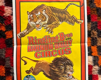 Original Vintage Ringling Bros. Circus Advertisement Poster With Fierce Tiger & Lion