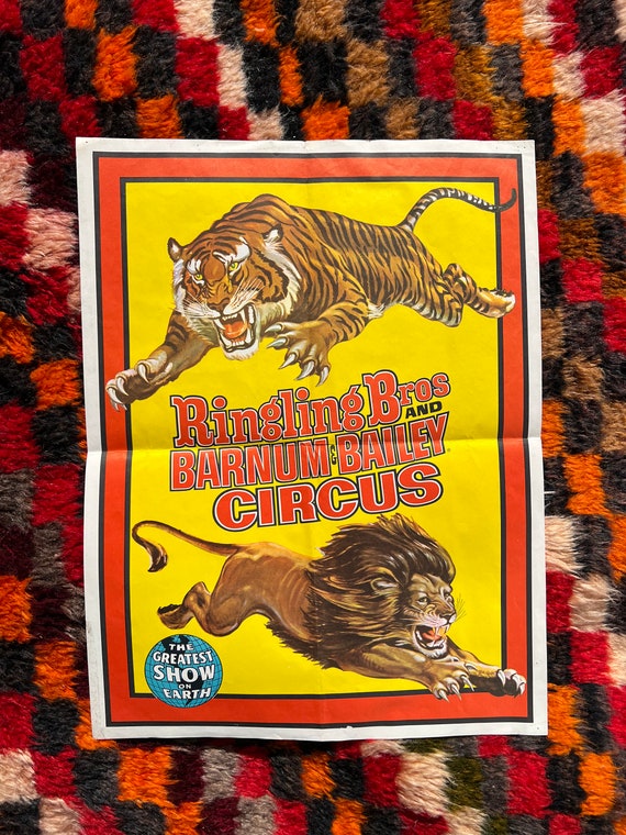 Original Vintage Ringling Bros. Circus Advertisement Poster With Fierce Tiger & Lion