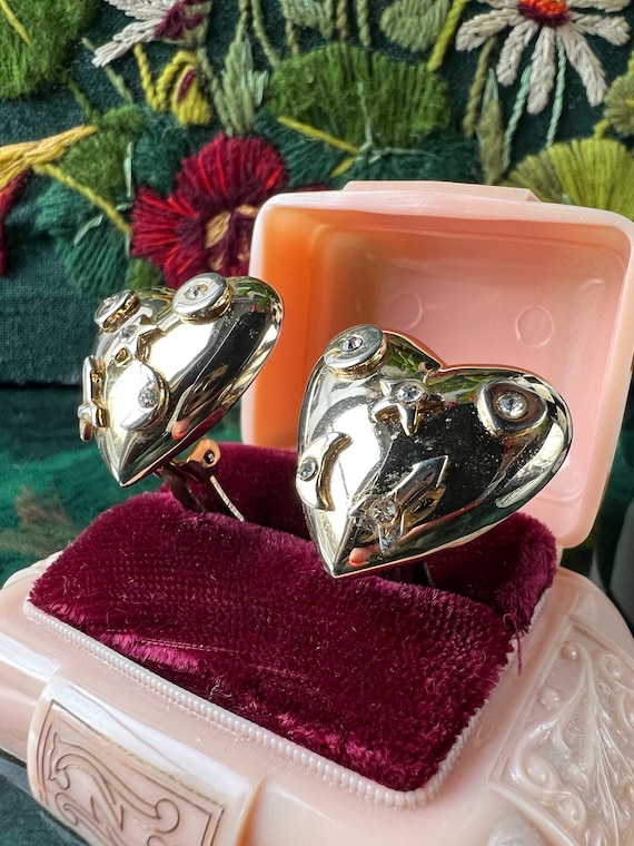 1980's Puffy Heart Clip On Earrings With Rhinesto… - image 5