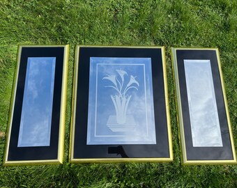 LOCAL PICKUP ONLY: 1980’s Art Deco Revival Three Piece Wall Mirror Set With Vase & Lilies Etching