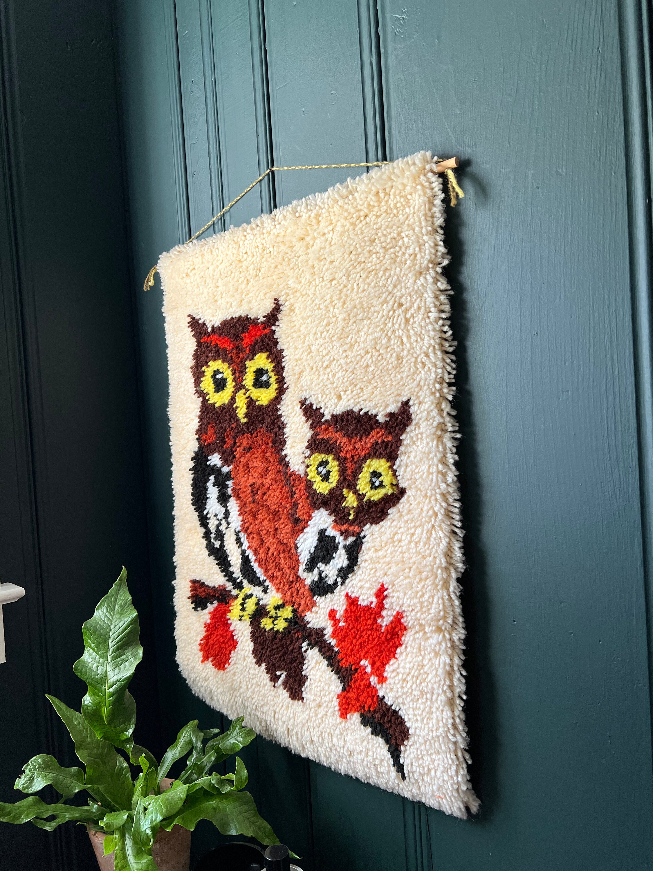 Large 1970's Hook Latch Tapestry/ Shag Rug Of Owls