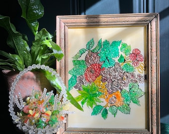 Antique Reverse Painted Glass Foil Tinsel Art Of Fruits And Foliage