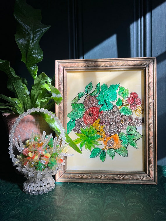 Antique Reverse Painted Glass Foil Tinsel Art Of Fruits And Foliage