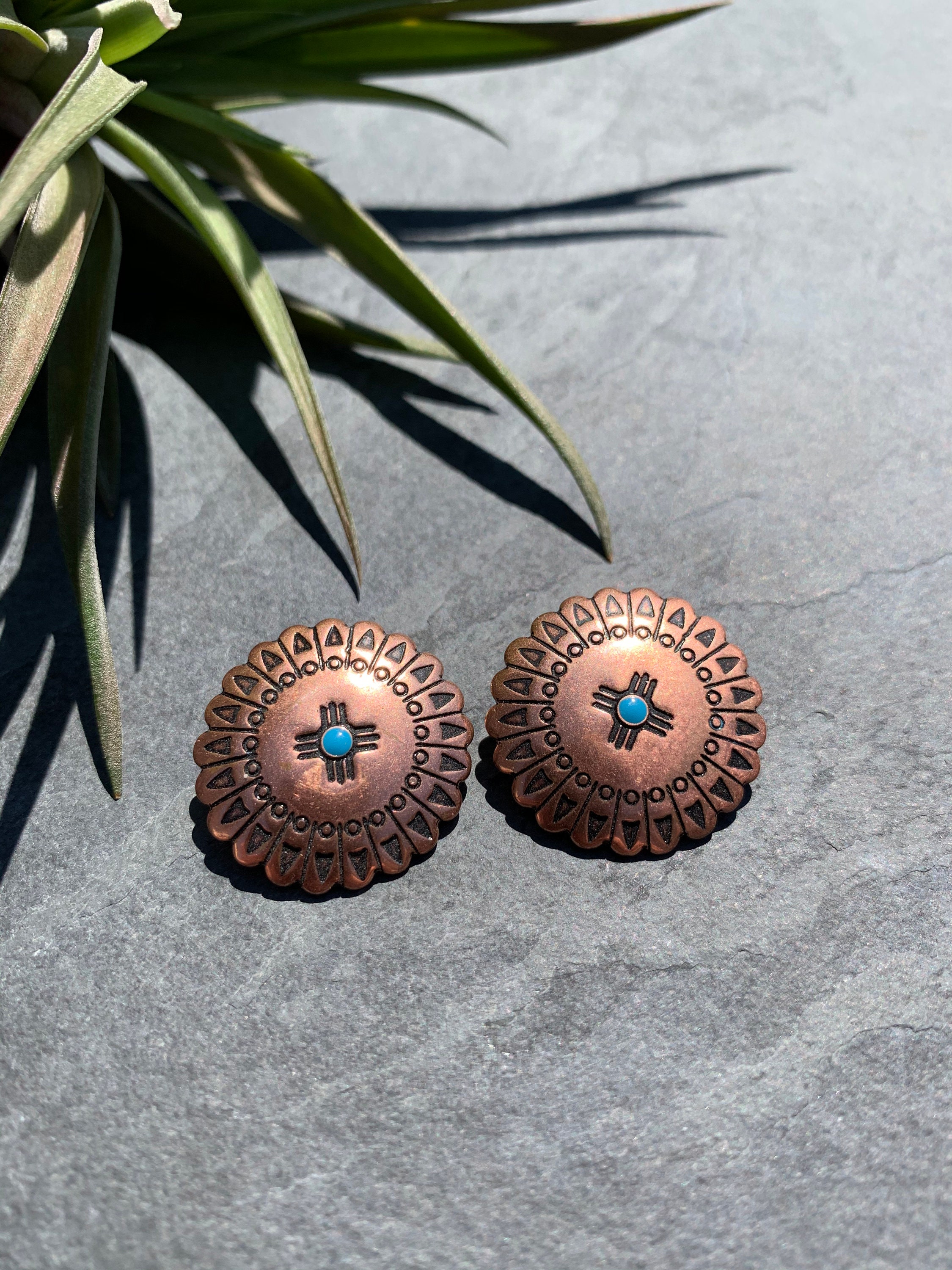 Vintage Copper Clip On Earrings With Turquoise Accent