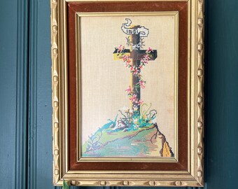 Vintage Needlepoint of Cross With Flowers And Foliage In Original Wood And Velvet Frame