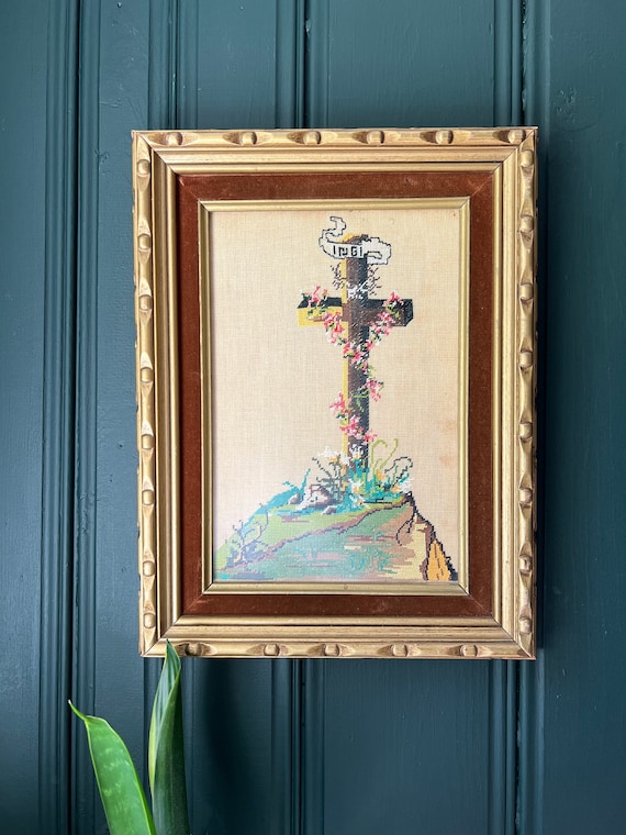 Vintage Needlepoint of Cross With Flowers And Foliage In Original Wood And Velvet Frame