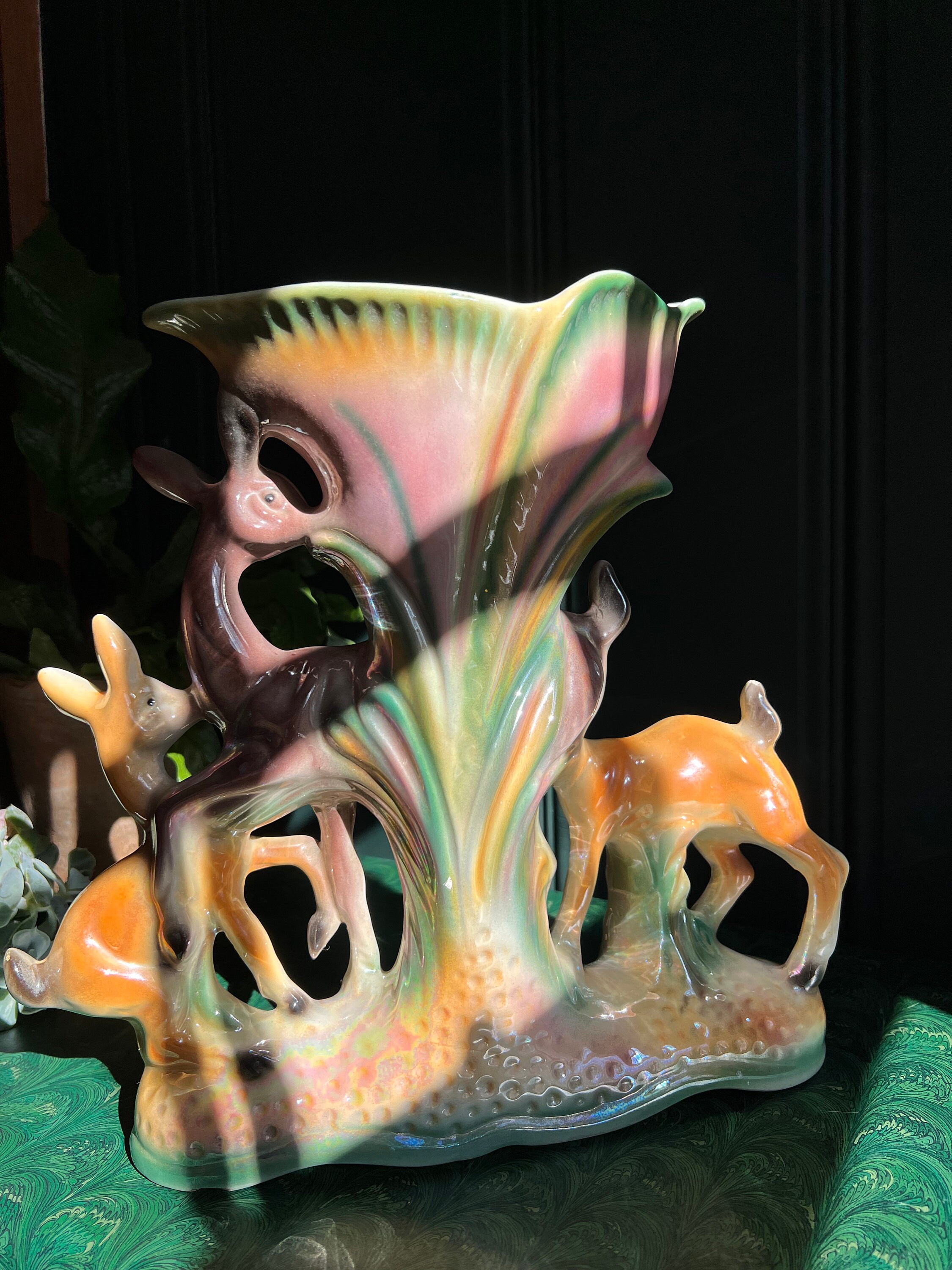Large Mid Century Italian Lusterware Doe & Deer Vase