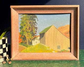 Original 1950's Farmhouse Landscape Painting In Original Wood Frame, Signed And Dated
