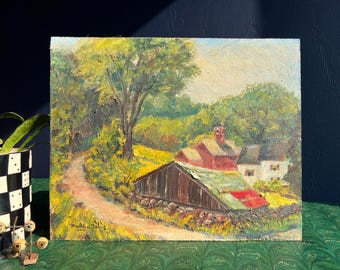 Original Vintage Farmhouse Landscape Oil On Board Painting, Artist Signed