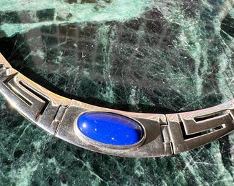 Vintage Sterling Silver Lapis Greek Key Collar Necklace