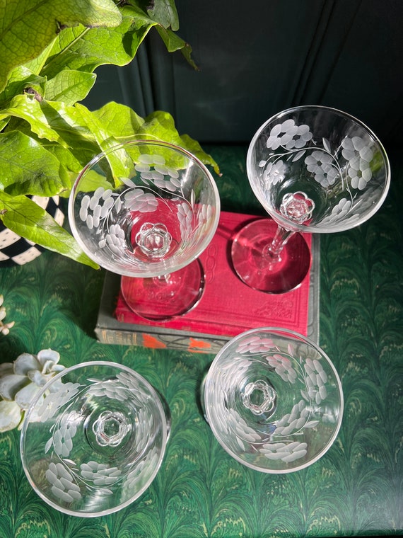 Set Of Four Floral Etched Cocktail Glasses