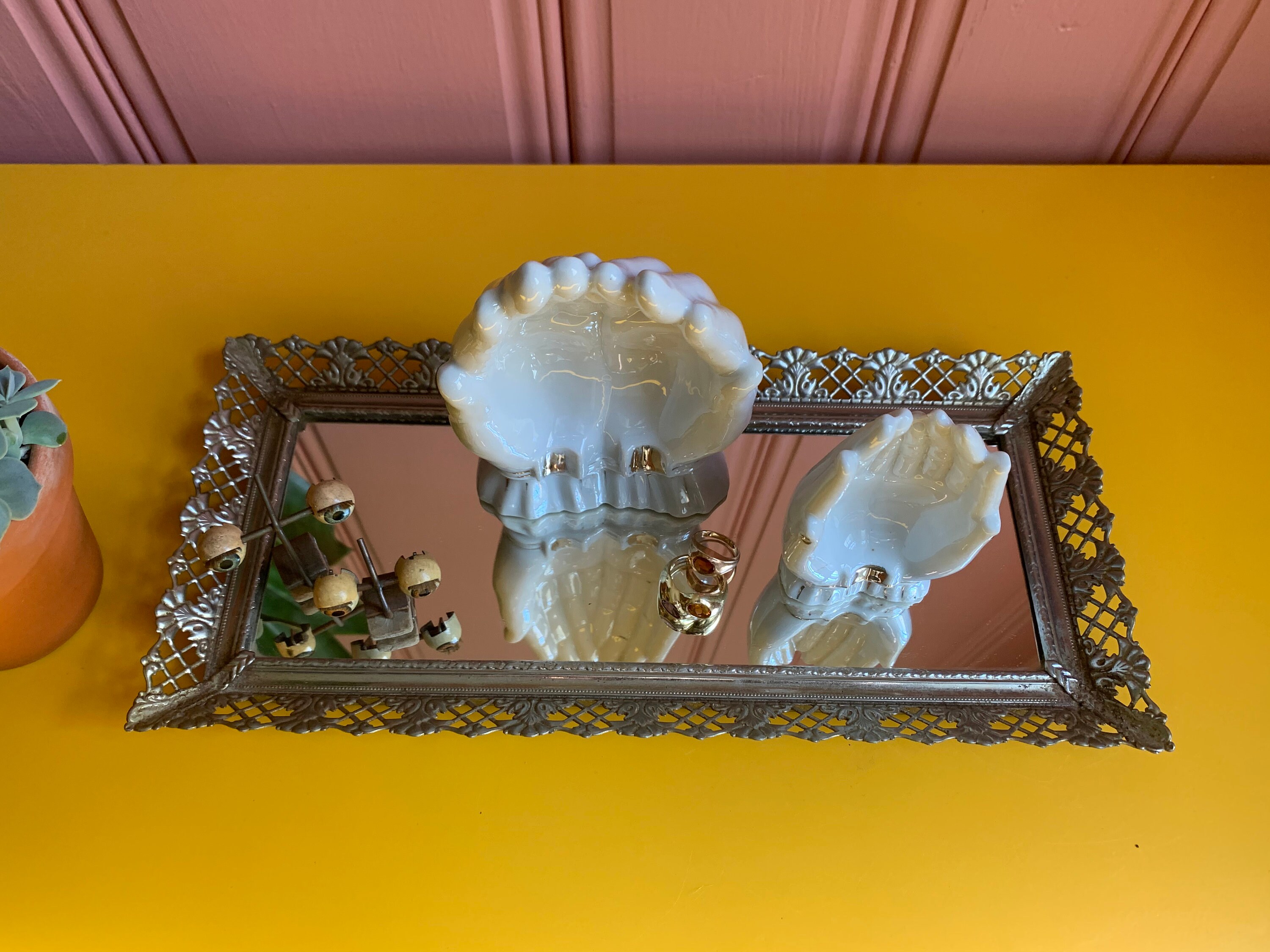 Vintage Mirrored Vanity Tray With Filigree Frame