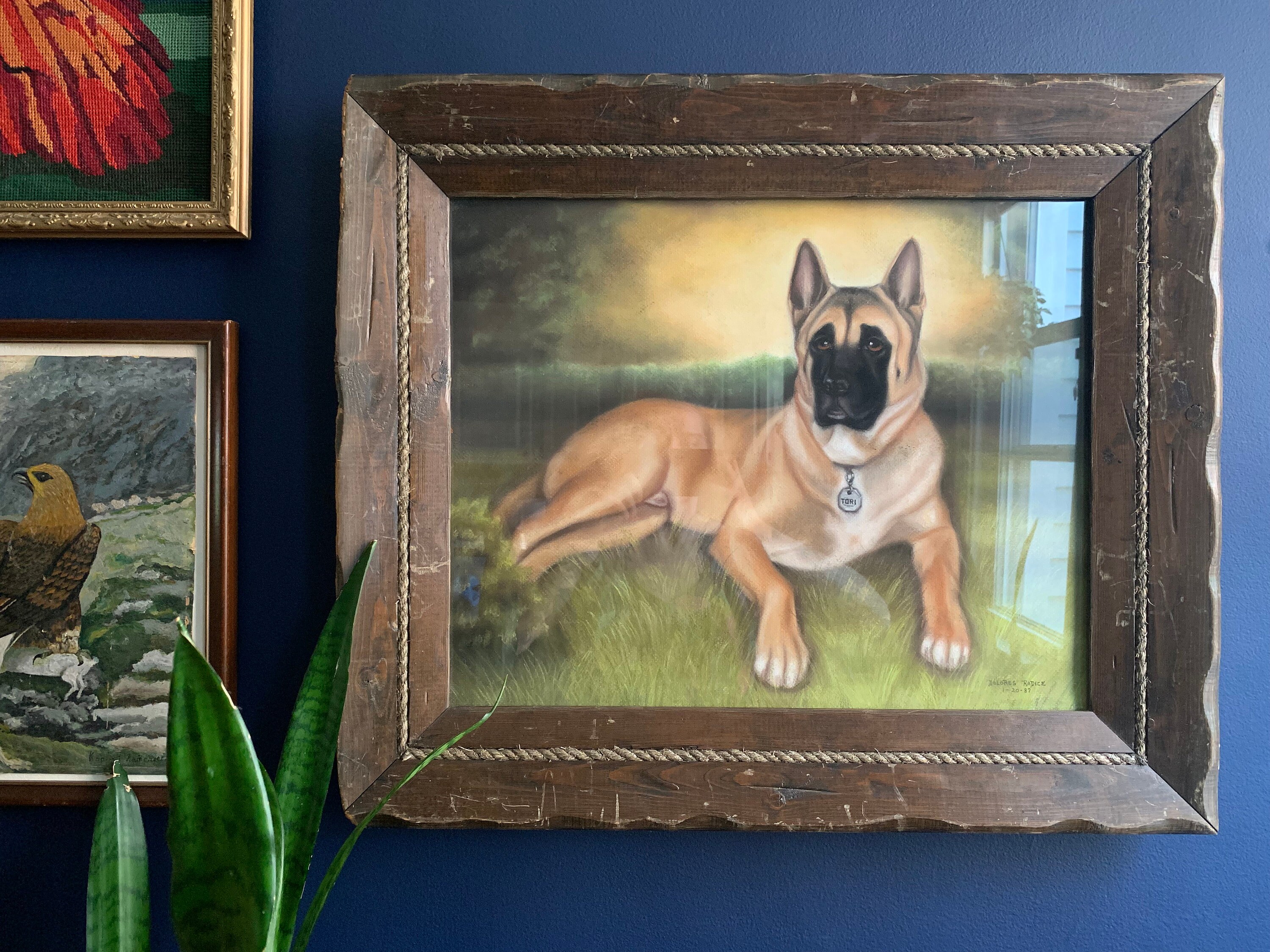 Vintage Dog Portrait Chalk Drawing Signed Original Artwork