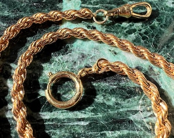 Chunky Vintage Gold Tone Watch Fob Rope Chain With Dog Clasp