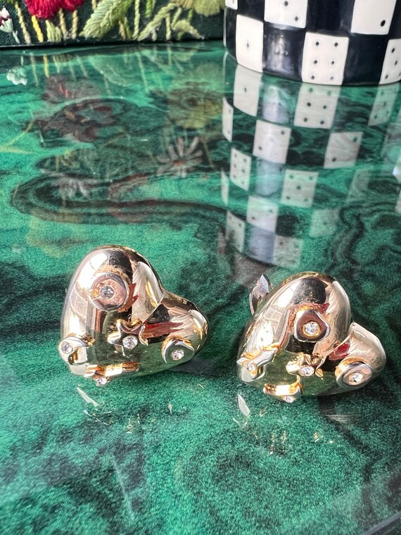 1980's Puffy Heart Clip On Earrings With Rhinesto… - image 3