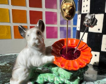 Vintage Ceramic Dog & Flower Pin Cushion