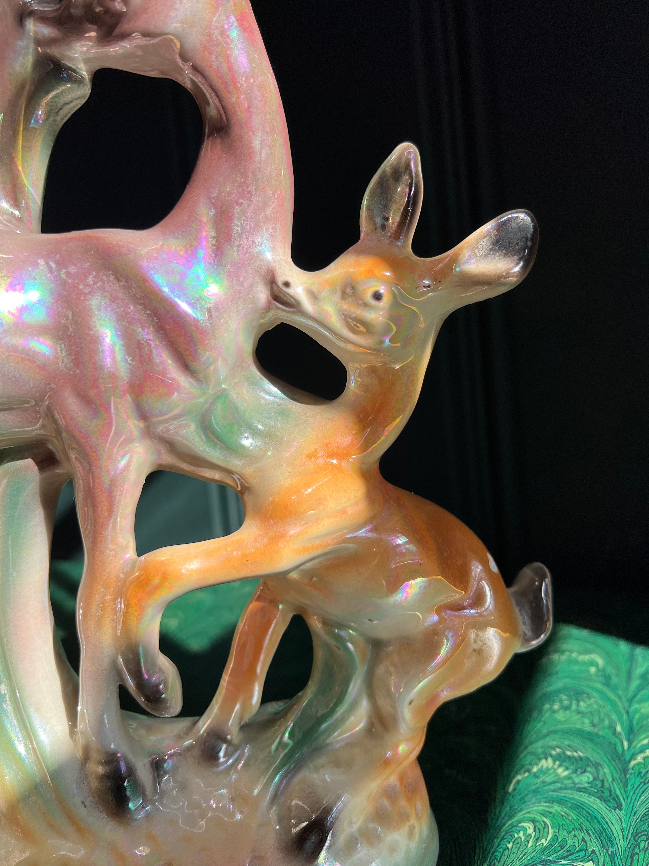 Large Mid Century Italian Lusterware Doe & Deer Vase