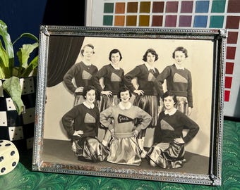 Vintage Cheerleading Squad Group Portrait Photograph In Original Metal Frame