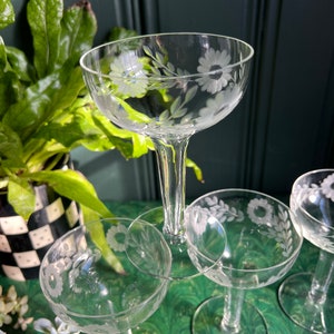 Set Of Four Coupe Cocktail Glasses With Flower Etchings