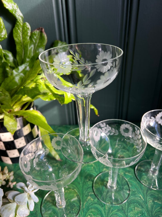 Set Of Four Coupe Cocktail Glasses With Flower Etchings