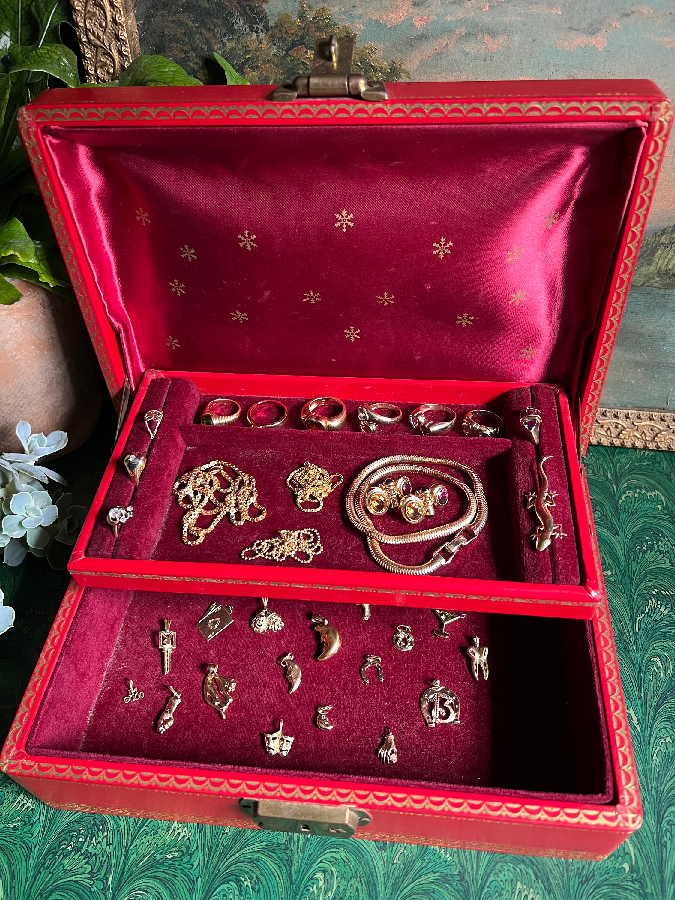 Vintage Jewelry Box With Red Velvet And Silk Linings, Gold Details And