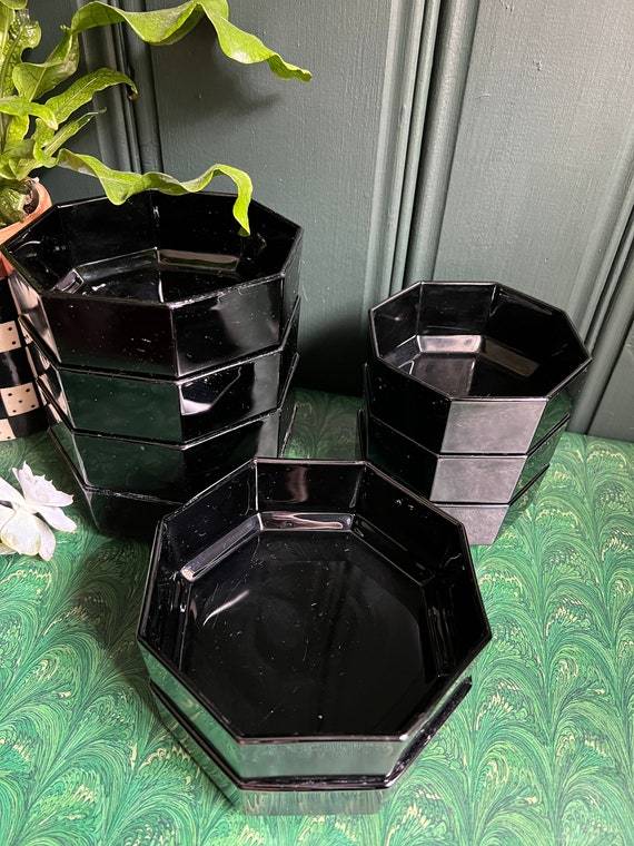 Set Of Nine French "Octime" Faceted Octagon Opaque Black Glass Bowls By Arcroc France