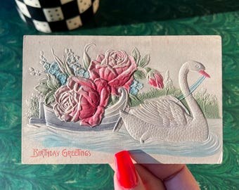 Antique Birthday Greetings Post Card With Swan And Flowers