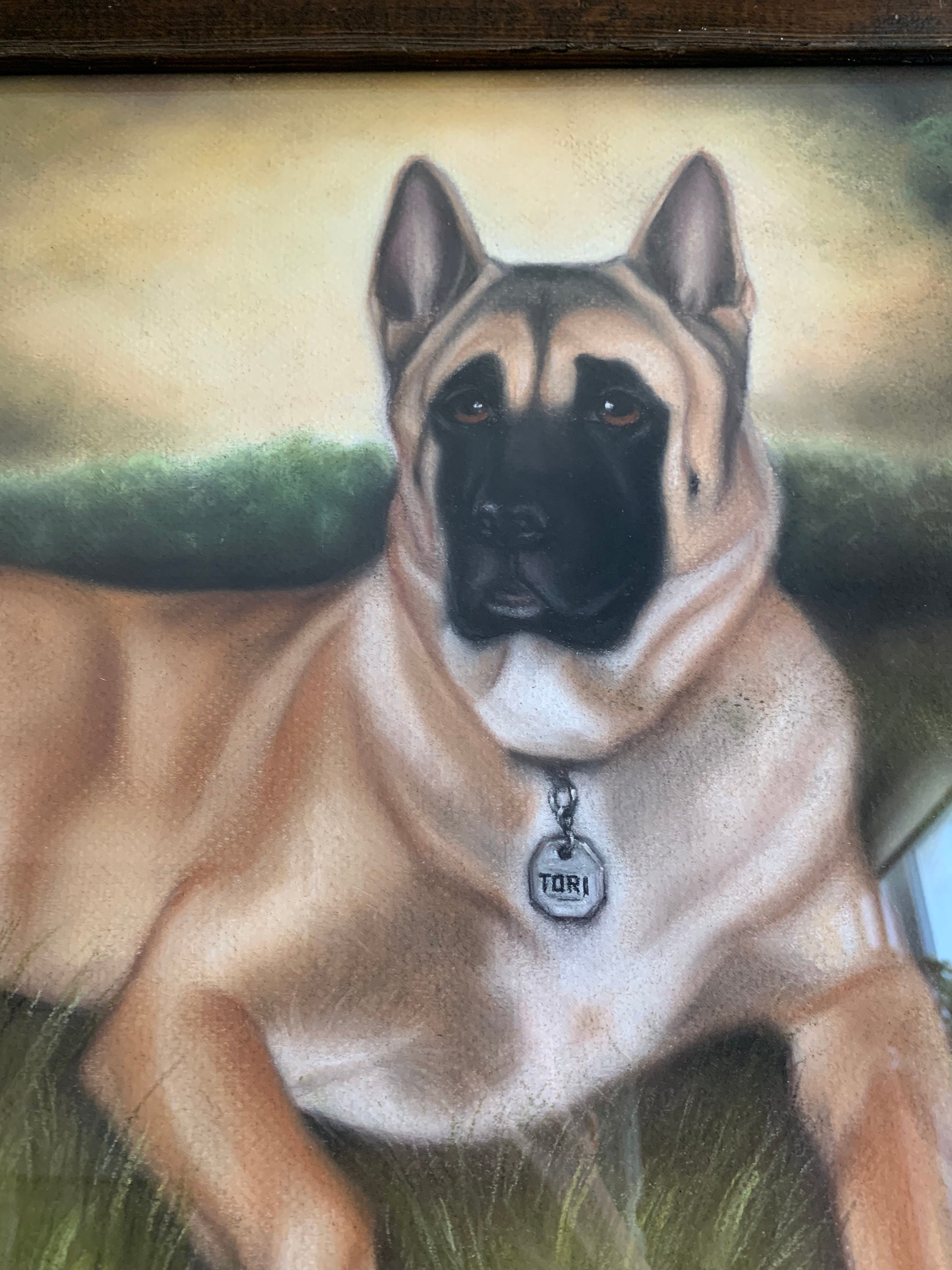 Vintage Dog Portrait Chalk Drawing Signed Original Artwork