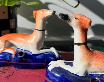 Antique English Pottery Whippet/ Greyhound Inkwell Statue
