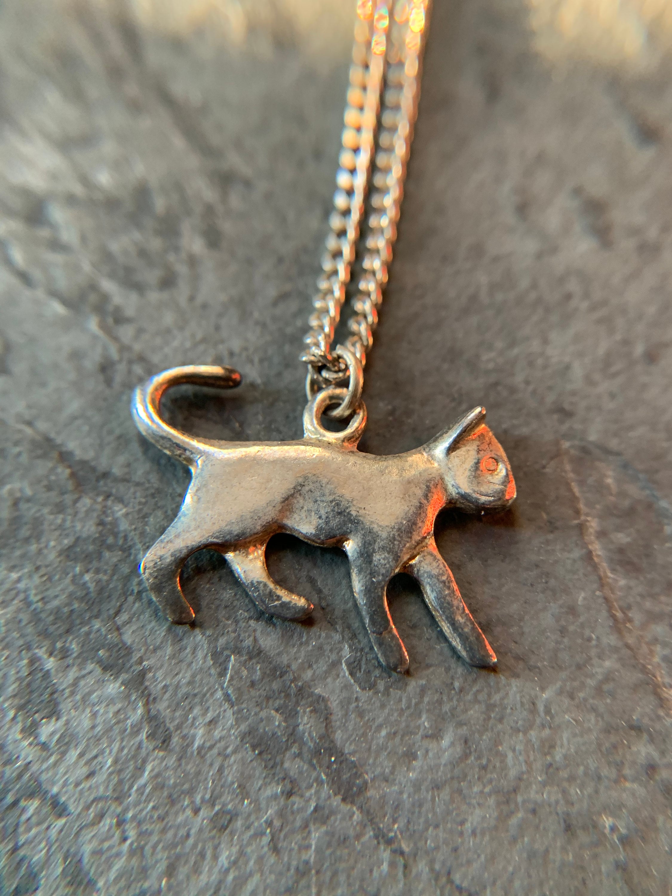 Vintage Sterling Silver Cat Charm On Curb Chain