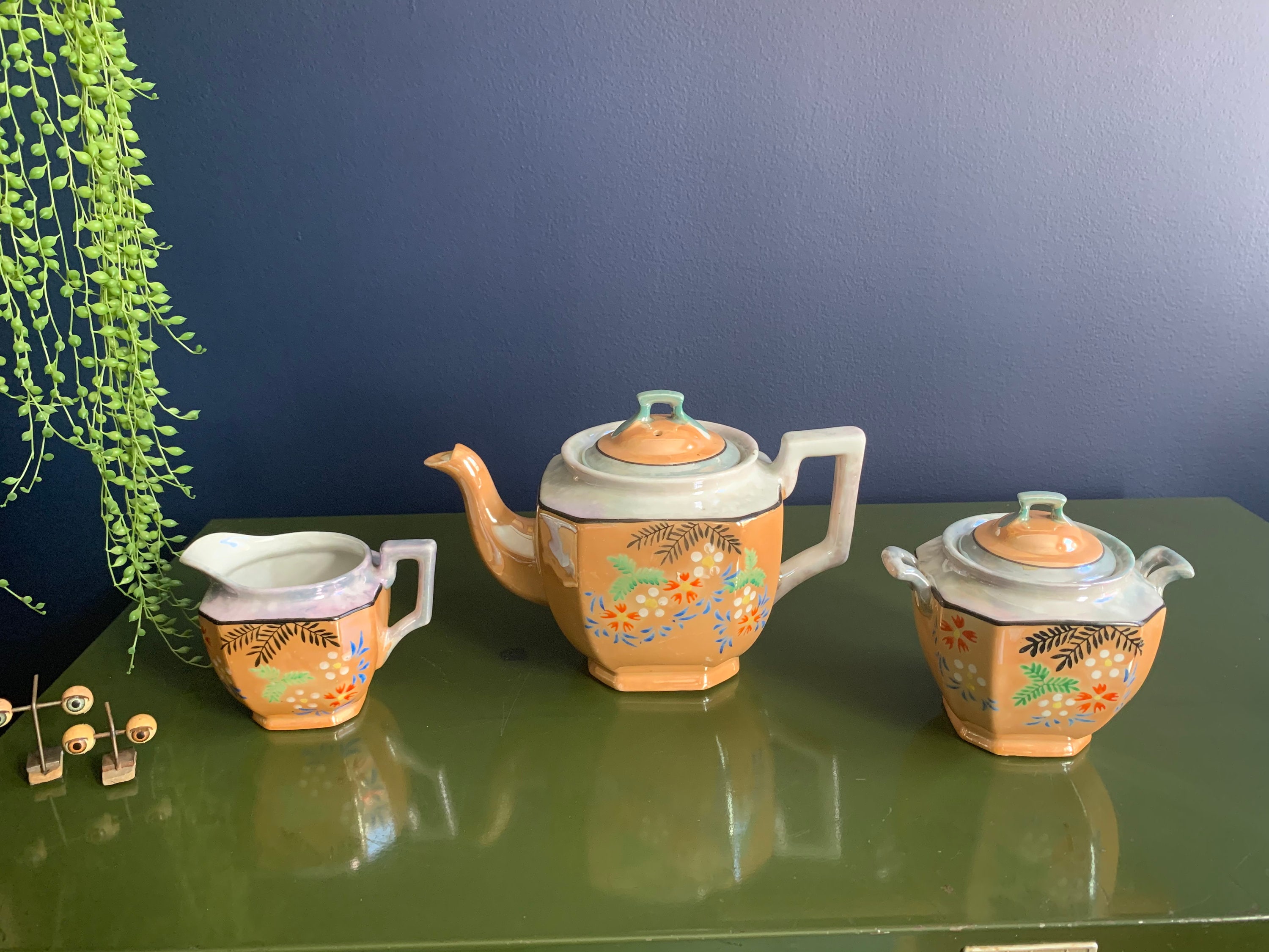 Vintage Hand Painted Japanese Lusterware Tea Pot, Creamer, & Sugar